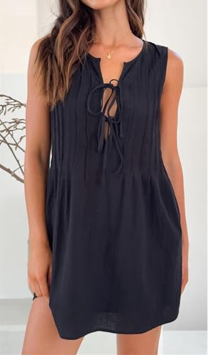 Image of LOFAAC Women Y2K Bow Tie Front Pleated Peplum Mini Dress Loose Fit Sleeveless Crew Neck Linen Babydoll Short Dress