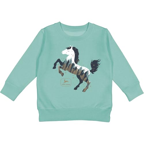 John Deere Toddler Girls Crew Neck Long Sleeve Horse Sweatshirt with Glitter Accent in Turquoise