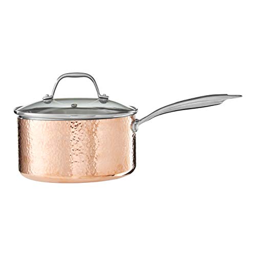 Image of Premier Housewares Minerva Saucepan, Hammered Copper, Tri-Ply, Stainless Steel, Glass lid, 20cm