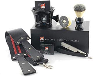 G.B.S Black Luxury Shaving Kit - Wood Straight Razor, Mug, Natural Soap, Brush, Alum block, Strop and Paste Grooming Kit, Black