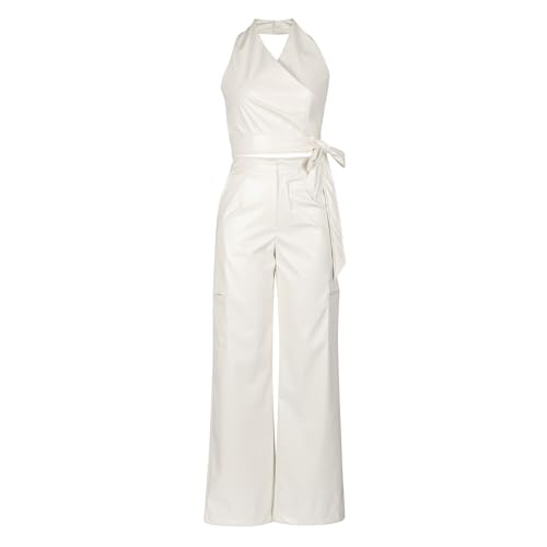 WOKANSE Womens PU Leather Stretchy 2 Piece Outfit Belted Sleeveless Halter Tops and Straight Leg Pants Set with Pocket3