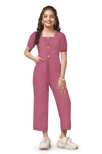 Image of Fashion Dream Girl's Ankle Length Solid Jumpsuit (FDGJMP00086 PNK 36 Pink 11-12 Yrs)