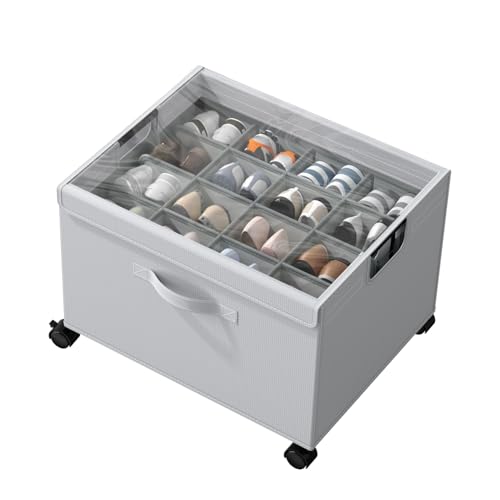 HOUSE AGAIN Shoe Organizer for Closet, Shoe Storage Boxes with 360° Wheels, Sturdy Metal Frame Fits up to 16 Pairs, Boots&Shoes Cubby Storage Containers with Adjustable Dividers and Clear Cover