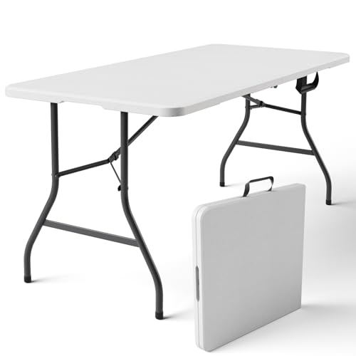 MAKE CHANGES Folding Table 5ft - Heavy Duty Fold-in-Half Plastic Table with Adjustable Height, Portable Utility Tables with Steel Legs for Indoor, Outdoor, Picnic, Camping, Dining, Party (White)