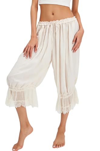 Image of NUFIWI Women Ruffle Long Bloomer Y2k Lace Trim Pettipants Pantaloons Mid Rise Cropped Pajama Pants Under Dress Slips