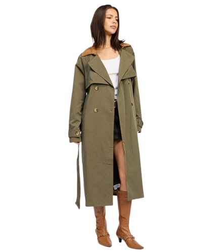Stylish Olive Green Long Trench Coat with Tie Waist and Pockets for Women, Large - Image 2