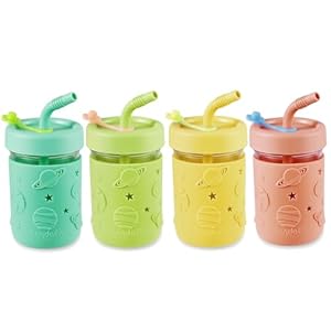 PandaEar Set da 4 Bicchieri Mason Jar in Vetro da 250 ml per Bambini e Neonati – Con Custodie e Cannucce in Silicone, Anti-sbavature per Smoothie