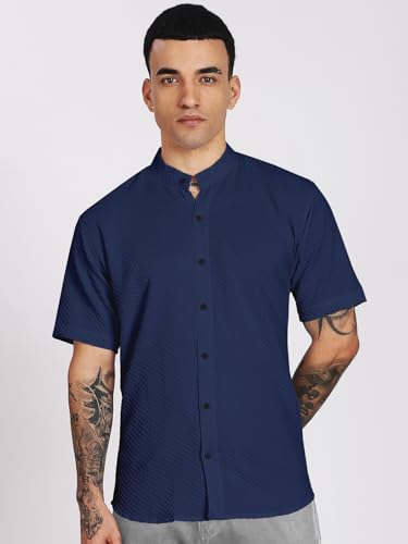Image of Men's Regular Fit Solid Casual Shirt - Short Sleeve, Mandarin Collar, Lightweight Polyester, Stylish Everyday Wear