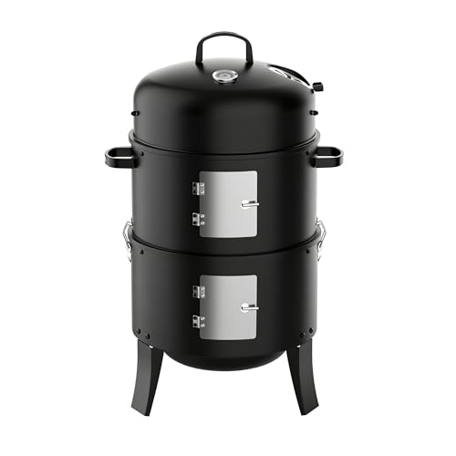 KEYO GRILL Barbacoa de Carbón Portátil - Ahumador Barbacoa 3en1 Resistente con 2 Rejillas y Termómetro Integrado, Parrilla para Exteriores para Camping, Fiestas, Picnic