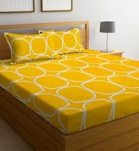 Image of la' Amour Premium Cotton Elastic Fitted Bedsheets with 2 King Size Pillow Covers Double Bed with All Around Elastic Supersoft Size - 72 King Sizex78+10 inches Oval Shape Yellow 200 tc - 220 tc