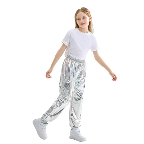 Image of Rolanko Girls Shiny Metallic Cargo Pants, Sparkle Jogger Pants for Girls Hip Hop Dance Streetwear Cargo Trousers 6-15 Years