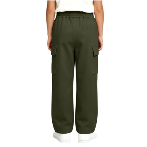 BUERCWS Boys Cargo Pants Elastic Waist Drawstring Side Pocket Casual Sports Sweatpants Lightweight Uniform School Trousers Army Green 120 - image 6