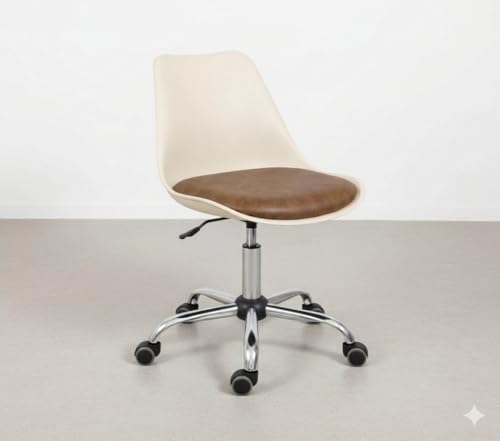 Image of Armless Revolving Office Chair - Solid Steel for Home /Office /Study /Vanity /Shops /Clinic /lab /Spa /Conference /Meeting /Reception (Off White and Brown)