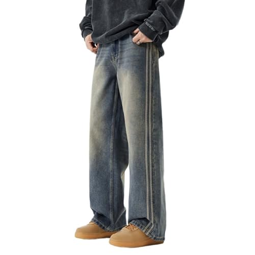 Men's Spring Vintage Wide Leg Denim Pants Side Striped Splicing Y2k Hip Hop Jeans