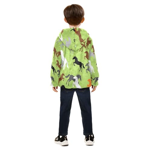 Horse Silhouettes on Green Toddler Fleece Jacket Girl Boys Hooded Fleece Jacket Coat Warm Outwear Zip-up 3-10T4