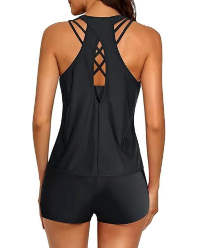 Image of 3 Piece Tankini Long Sleeve Swimsuits Athletic Rash Guard Bathing Suits | Modest,Full Coverage,High Waisted Short,Quick Dry,Criss Cross Back
