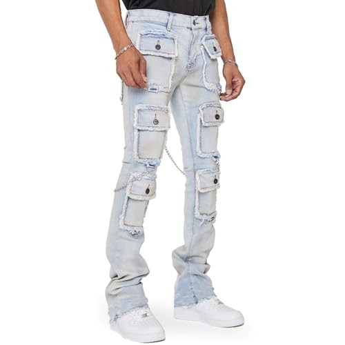 Men's Stacked Stretch Jeans Ripped Skinny Streetwear Cargo Pants Fashion Distressed Drawstring Waist Multi-Pocket2