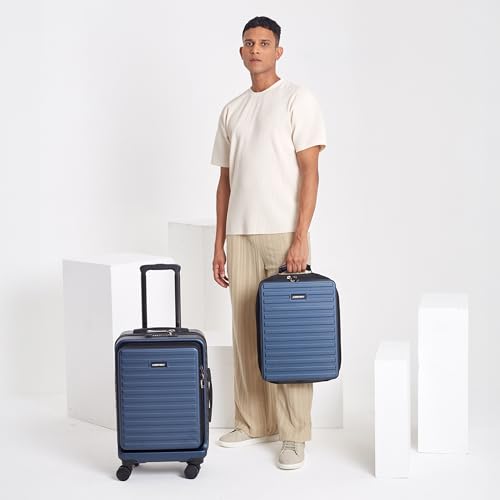 Image of THE ASSEMBLY Premium Polycarbonate 8 Spinner Wheel Cabin Trolley Bag & Laptop Backpack Combo for Travel Fits Up to 15.6 inch Laptop with TSA Lock,50L Trolley +12L Unisex Backpack|StarkPro Edge-Blue