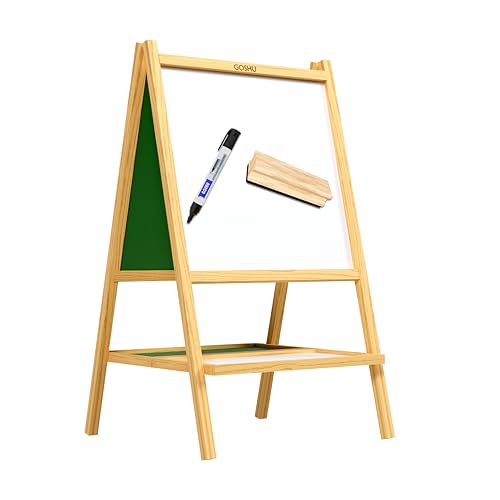 Image of GOSHU 4 Ft. Double Sided Wooden Easel Stand Whiteboard and Chalkboard for Adults, A-Type Foldable Writing Board with Tray for Classroom, Office, Coaching and Home Use (Teens, Pack of 3 Items)