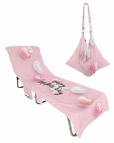 Happy Mother's Day Beach Chair Towel Covers for Chaise Lounge with Side Pocket, Soft Plush Pool Towels Cover for Patio Sunbathing Outdoor 29''x85'' Love Heart Best Mom Mother Flowers