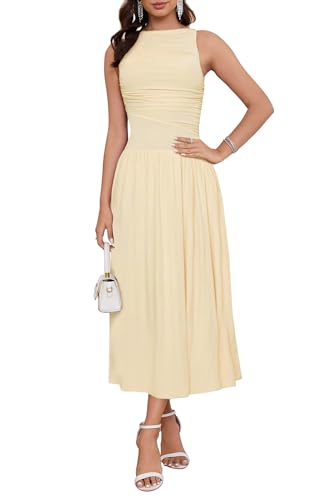 LUNAMODA Women's Summer Sleeveless Maxi Dresses Casual Ruched Boat Neck High Waist Wedding Cocktail Long Flowy Tank Dress Light Yellow, XX-Large