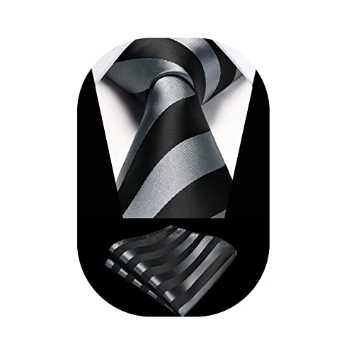 Image of HISDERN Stripe Tie Mens Ties with Pocket Square Set Classic 3.4'' Silk Formal Necktie Handkerchief for Business Wedding