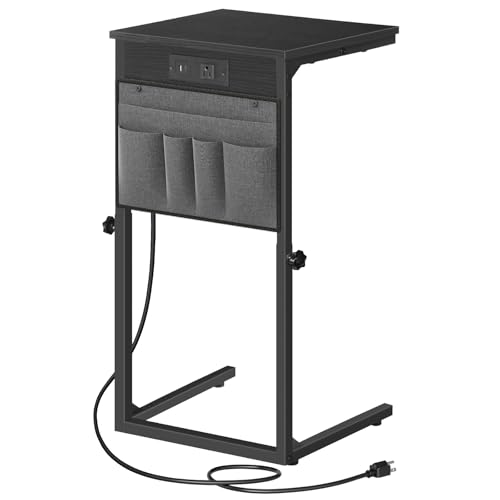 HOOBRO C Shaped End Table with Charging Station, 30” Adjustable