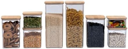 kit 8 potes de acrílico com tampa de bambu quadrados mantimento -...