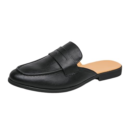 Men's Leather Slip On Mules Slippers Comfortable Round Toe Backless Flats Loafers for Business Work Dress Casual Penny Shoes