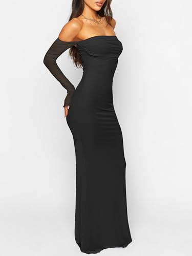 Caracilia Womens Bodycon Off Shoulder Maxi Dresses Long Sleeve Mesh Ruched Sexy Cocktail Party Club Long Dress 2025 Fall3