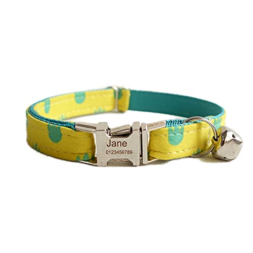 猫首輪 安全 迷子札付き ペットのお名前、電話番号刻印可能 猫小型犬に適しています 鈴付き人気 花パターン (L, 黄)