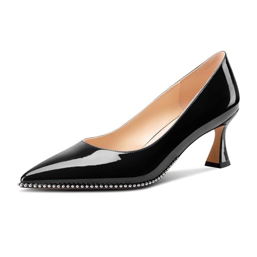 Image of TNYNFBEB Womens Mid Kitten Heel Pointed Toe Pumps Slip-on Silver Beaded Prom Party Dress Patent Leather 2.6 Inches Heels