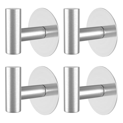 Image of Heavy Duty Self-Adhesive Coat Hooks, Stainless Steel Towel Hooks for Bags, Towels, Robes, Hats, Aprons - No Drill Bathroom, Kitchen, Hotel Wall Hooks (Silver, 4 Pack)