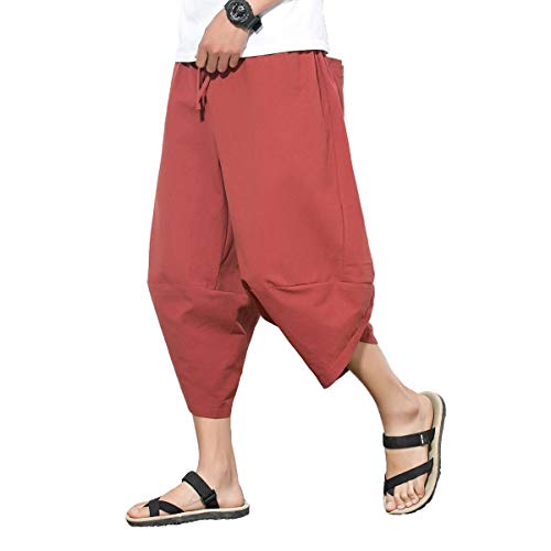 DSJJ Homme Sarouel 3/4 Shorts Bermudas Pantalon Taille Elastique Baggy Large Pantacourt Décontracté Léger Pantalon en Lin (Rouge,M (Label L))
