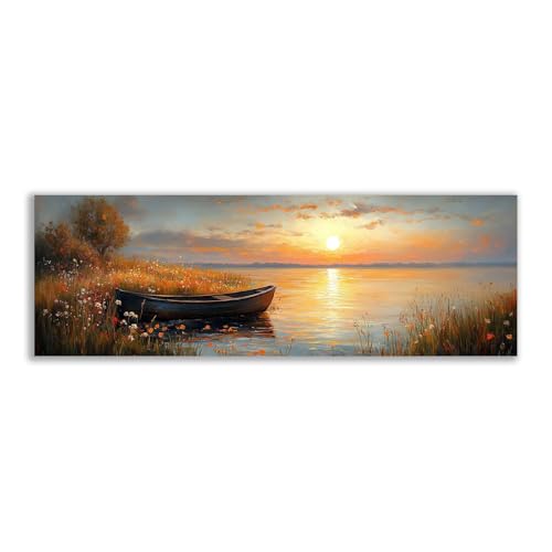 Toile de coucher de soleil sur lac avec barque pour une déco de salon apaisante