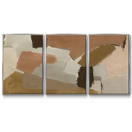 Renditions Gallery Abstract Wall Art Brown Blocks Painting Modern Minimalist Artwork Home Décor 3 Pieces of Silver Framed Canvas Prints Wall Decorations for Kitchen and Bedroom 24x36 Inch LS008