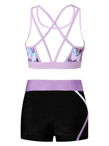 Kids Girls Dance Gymnastic Outfit Sleeveless U Neck Crop Top With Shorts Set Sport Training Dancewear Butterfly 8 Years2