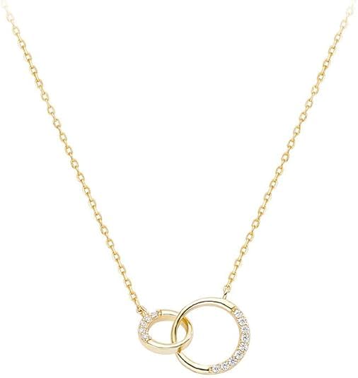 14K Gold Over S925 Sterling Silver Intertwined Circle Necklace, Moissanite Double Circle Pendant Necklace, Beautiful Jewelry Gifts For Women