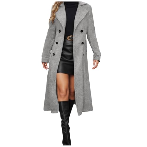Vhersily Abrigo de mujer de invierno, largo, clásico, de doble botonadura, abrigos con solapas para otoño, cálido, elegante, de lana, abrigo de entretiempo con bolsillos, chaqueta al aire libre, gris