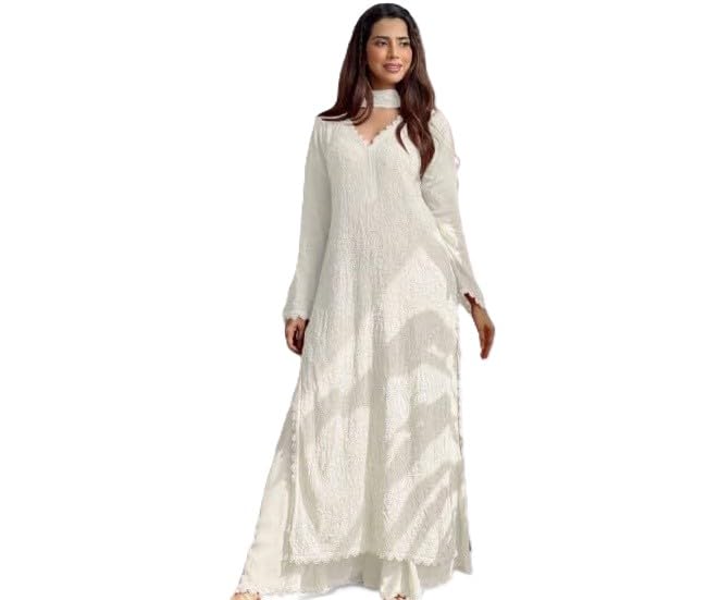 Image of Women's Chikankari Embroidered 3 Piece Suit Set in Faux Georgette - Long Gown Style Kurta with Lining with Dupatta