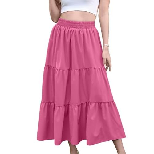 HUSKARY Women Summer Midi Skirt Casual Elastic High Waist Pleated A-Line Flowy Swing Tiered Beach Vacation Skirts With Pockets -Rose Medium
