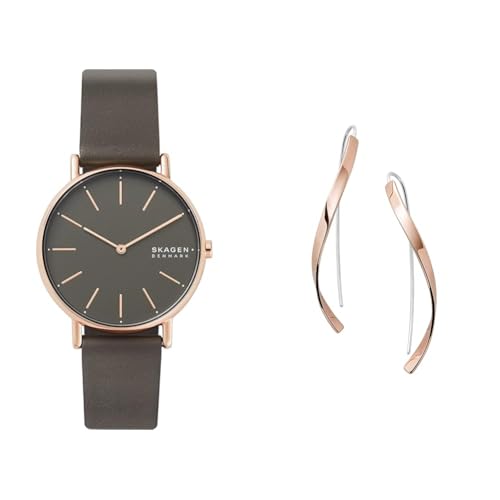 Coffret montre Skagen cuir gris et boucles d'oreilles pour sublimer vos soirées