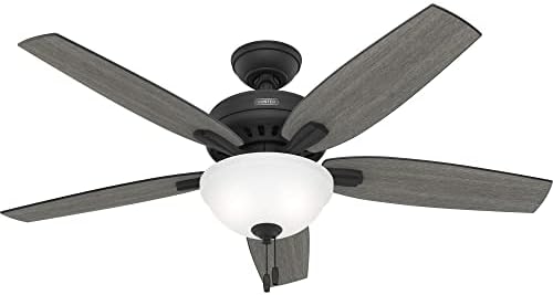 Hunter 52 inch Indoor Ceiling Fan with LED Light - Black Ceiling Fan with Pull Chain, for Bedroom or Living Room, Standard Mount, No Remote, 5 Blades, Includes Bulbs - Newsome 52395, Matte Black
