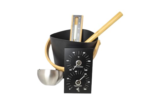 Karibu Saunazubehörset Premium 5 Teilig Sauna Aufgusseimer, Aufgusskelle, Sanduhr, Therometer, Hygrometer, Aufgussverdampfer