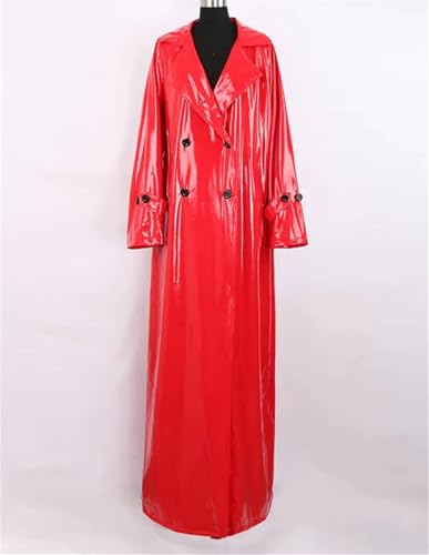 Womens Spring Extra Long Soft Red Reflective Shiny Leather Coat Double Breasted Maxi European Style Outerwear4