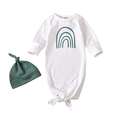 Newborn Unisex Baby Gown Sleeping Bag Rainbow Print Cotton Knotted Sleepwear Long Sleeve Nightgown Outfits Hat Set (Green, 0-6 Months)
