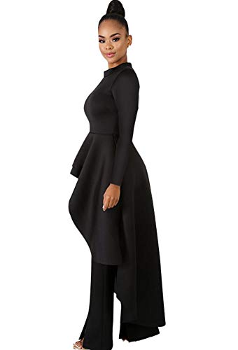 Womens High Low Cocktail Dress - Elegant Ruffle Peplum Top Tunics Long Sleeve Maxi Evening Dress Gown Black