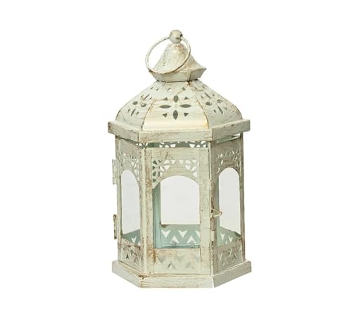 Garden Center Shop | Farol Blanco de Acero 24.5 x 12 cm | Estilo Vintage Oriental | para Velas o Luces LED | Decoración Interior y Exterior Protegido | Elegante y Resistente