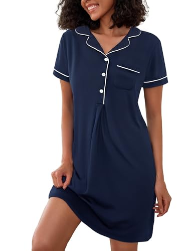 Jahetuul Nachthemd Damen Kurzarm Baumwolle Schlafshirt Sommer Schlafkleid mit Knopfleiste Nachtwäsche Weiches Sleepshirt für Damen Negligee Jahetuul Nachthemd Damen Kurzarm Baumwolle Schlafshirt Sommer Schlafkleid mit Knopfleiste Nachtwäsche Weiches Sleepshirt für Damen Negligee