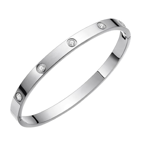 Harlorki Shiny Silver Round Buckle Personalized Stainless Steel Cubic Zirconia Rhinestone Charm Open Bangle Cuff Bracelet for Men Women Fashion Jewelry